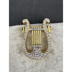 Vintage Harp Brooch Rhinestone Gold Tone Signed AFJ Music